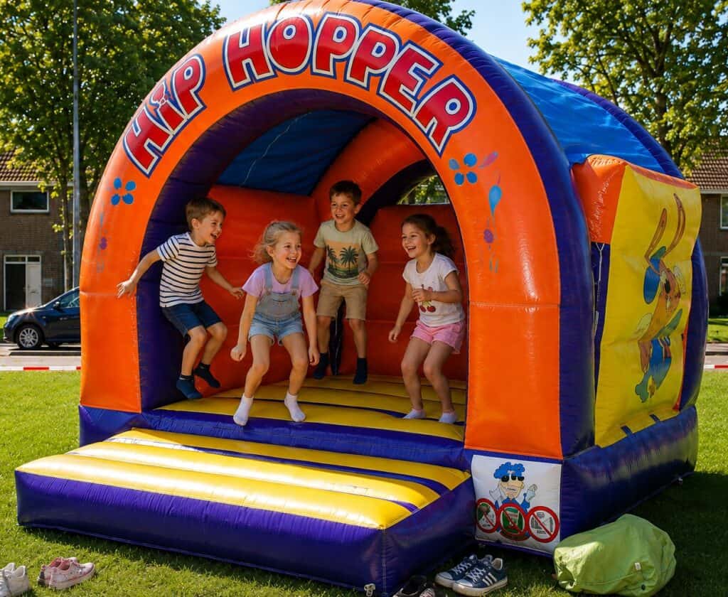 Springkussen Hip Hopper met kinderen die erin springen voor plezier.