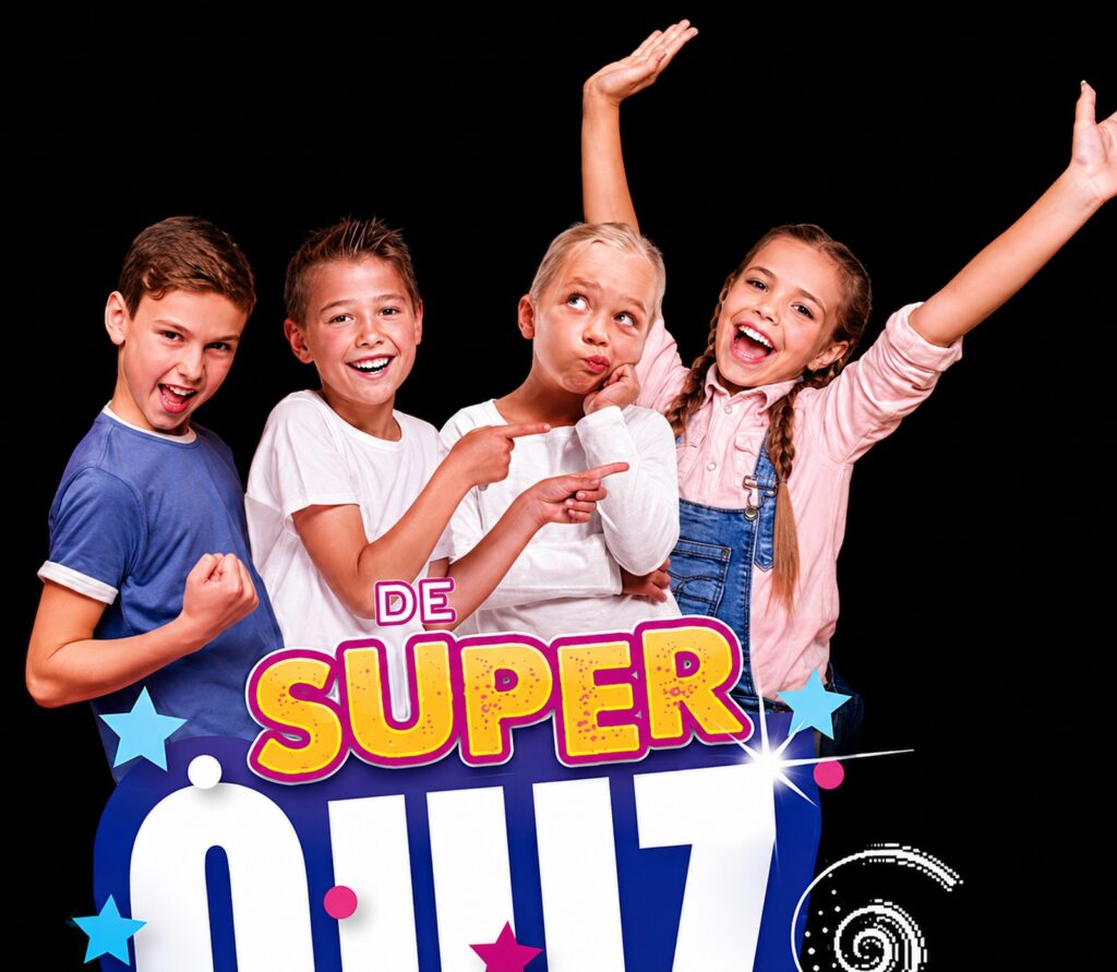 Vrolijke kinderen doen mee aan de Superquiz met clown Snoepy.