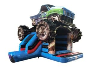 Clown Snoepy springkussen met monstertruck thema voor kinderfeestjes.