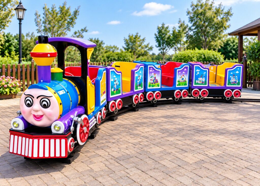 Kleurrijke kindertrein op rails voor kinderen op speelplaats.